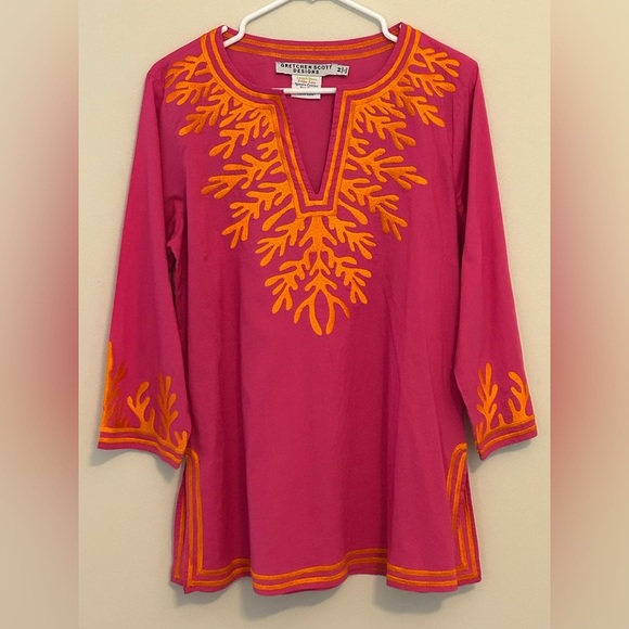 Gretchen Scott Designs Tops - Gretchen Scott Tunic Top Women's Medium Pink Orange Embroidery 3/4 Sleeve cotton